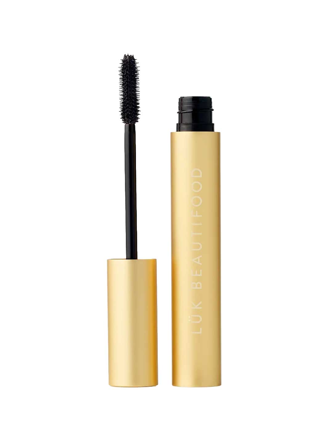 The Luk Beautifood Lash Nourish Mascara 10ml features a gold tube with 'LUK BEAUTIFOOD' in white letters and an upright wand, offering a natural formula that nourishes lashes—ideal for lash care and sensitive eyes.