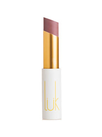 Luk Beautifood Lip Nourish Lipsticks 3g come in a white and gold tube with yellow "Luk" text, featuring an angled mauve bullet made from food-grade ingredients for naturally beautiful lips.