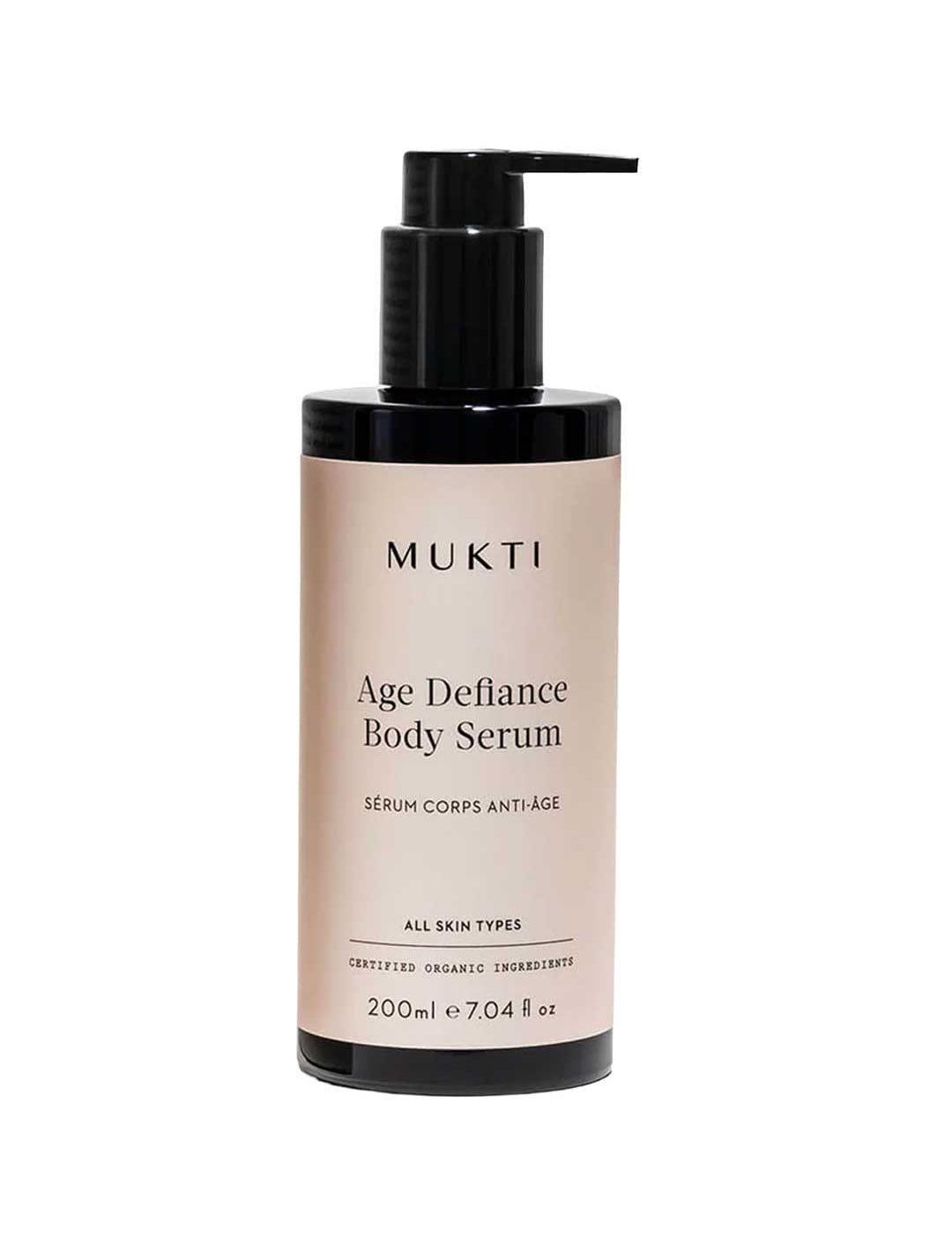 The Mukti Age Defiance Body Serum 200ml comes in a black pump bottle with a beige label and is suitable for all skin types. This certified organic body serum supports skin renewal.