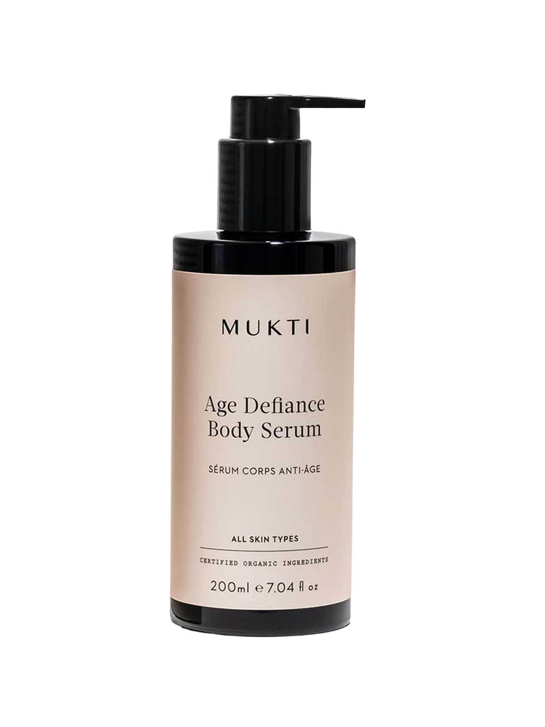 The Mukti Age Defiance Body Serum 200ml comes in a black pump bottle with a beige label and is suitable for all skin types. This certified organic body serum supports skin renewal.
