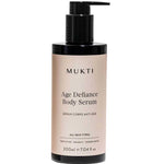 The Mukti Age Defiance Body Serum 200ml comes in a black pump bottle with a beige label and is suitable for all skin types. This certified organic body serum supports skin renewal.