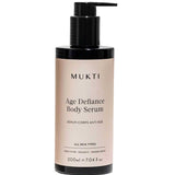 The Mukti Age Defiance Body Serum 200ml comes in a black pump bottle with a beige label and is suitable for all skin types. This certified organic body serum supports skin renewal.