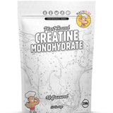 A white pouch of Macro Mike Plant Based Creatine Monohydrate Unflavoured 250g features cartoon chefs, icons, and a water splash. With 50 servings, it's ideal for sports nutrition and clearly displays the product name on the front.