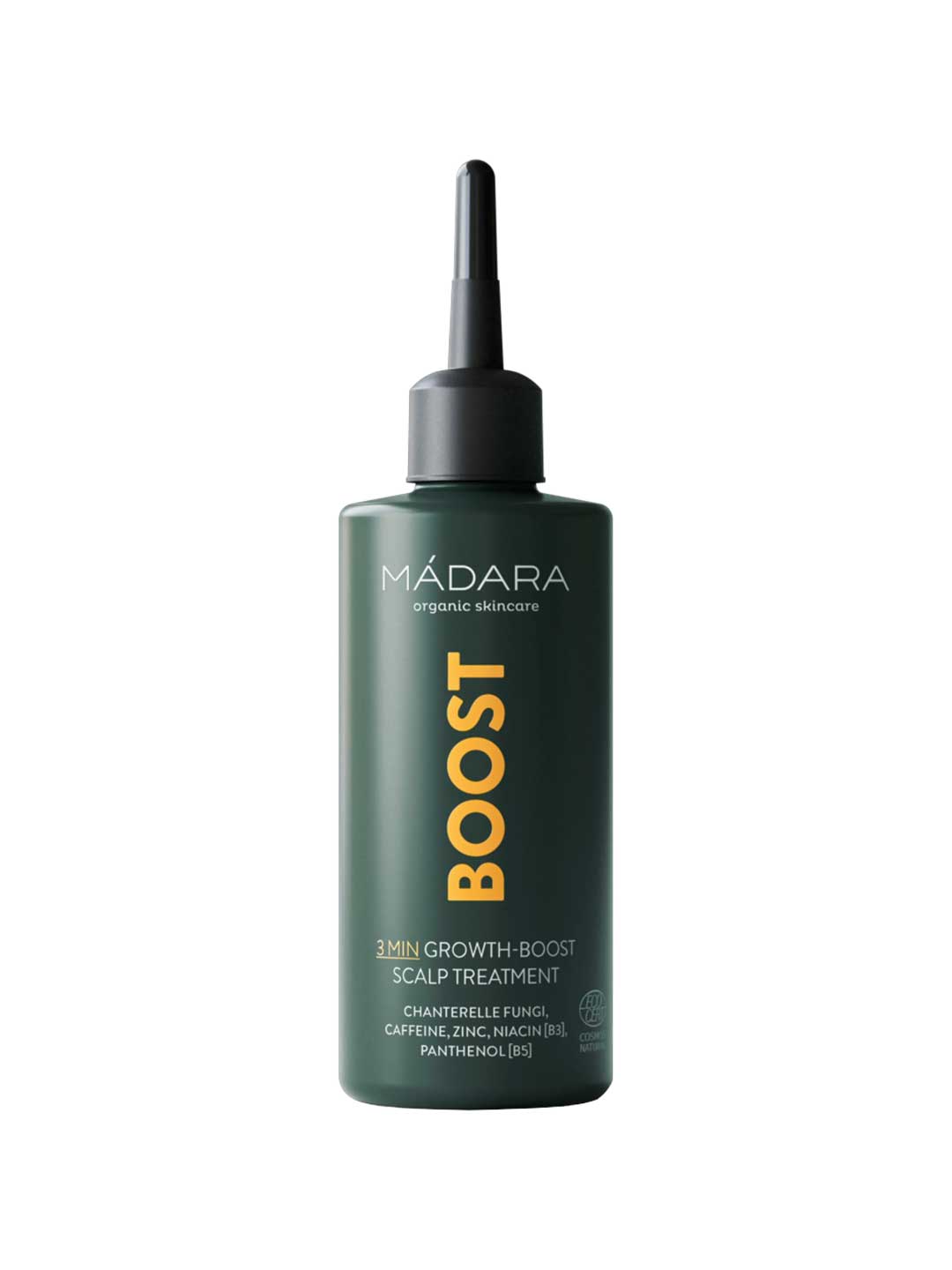 A green bottle of Madara 3 Min Growth Boost Scalp Treatment 100ml, featuring a pointed applicator and white/yellow text, highlights its hair growth benefits for thinning hair.
