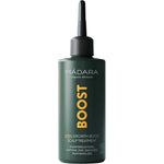 A green bottle of Madara 3 Min Growth Boost Scalp Treatment 100ml, featuring a pointed applicator and white/yellow text, highlights its hair growth benefits for thinning hair.