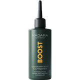 A green bottle of Madara 3 Min Growth Boost Scalp Treatment 100ml, featuring a pointed applicator and white/yellow text, highlights its hair growth benefits for thinning hair.