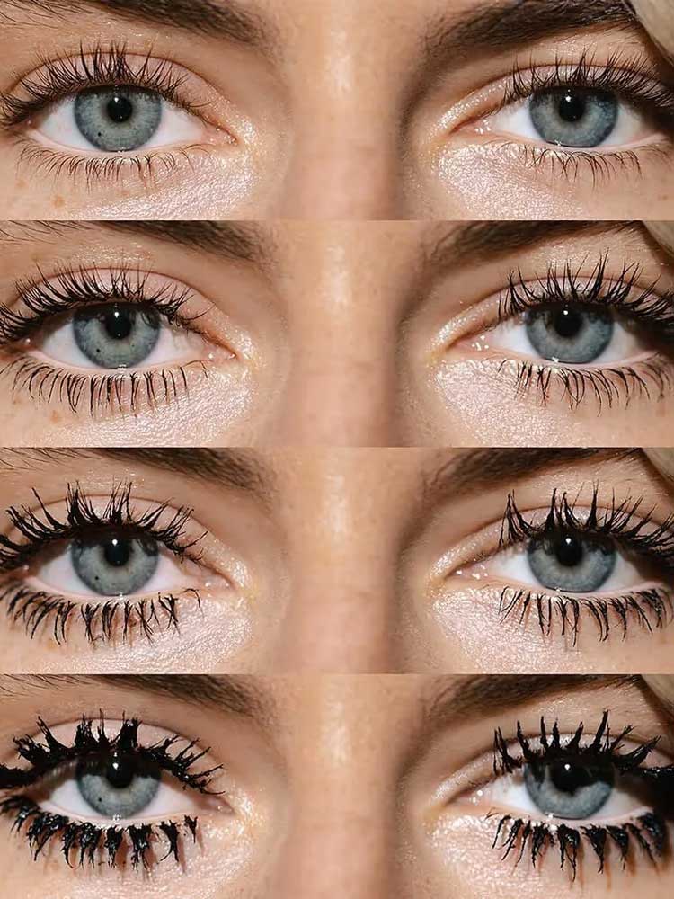 A sequence of five close-up images shows blue eyes with increasing layers of Madara Bold Volume Mascara - Deep Matter 6ml, from bare lashes to heavily coated ones.