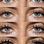 A sequence of five close-up images shows blue eyes with increasing layers of Madara Bold Volume Mascara - Deep Matter 6ml, from bare lashes to heavily coated ones.
