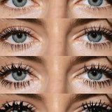 A sequence of five close-up images shows blue eyes with increasing layers of Madara Bold Volume Mascara - Deep Matter 6ml, from bare lashes to heavily coated ones.