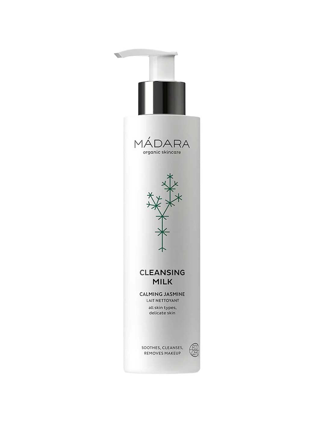 Madara Cleansing Milk 200ml comes in a white pump bottle with green botanical graphics. This gentle, sulfate-free cleanser removes makeup, soothes skin, and is ideal for sensitive and all skin types.