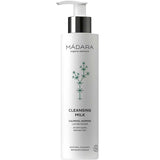 Madara Cleansing Milk 200ml comes in a white pump bottle with green botanical graphics. This gentle, sulfate-free cleanser removes makeup, soothes skin, and is ideal for sensitive and all skin types.