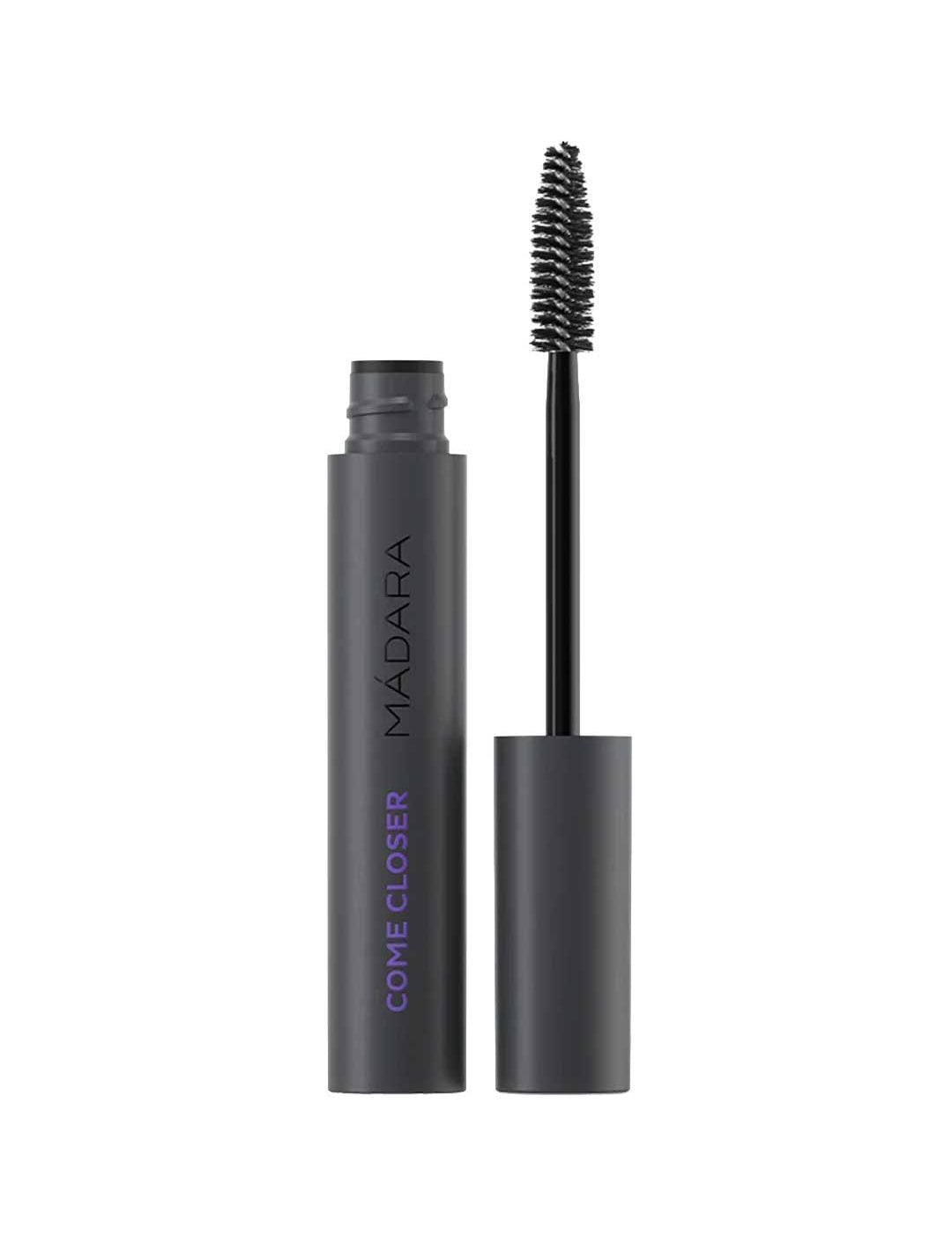 A 6ml tube of Madara Come Closer Infinite Lash Mascara in black is shown with the cap off and the lash-lengthening wand upright next to it, featuring purple "COME CLOSER" lettering.