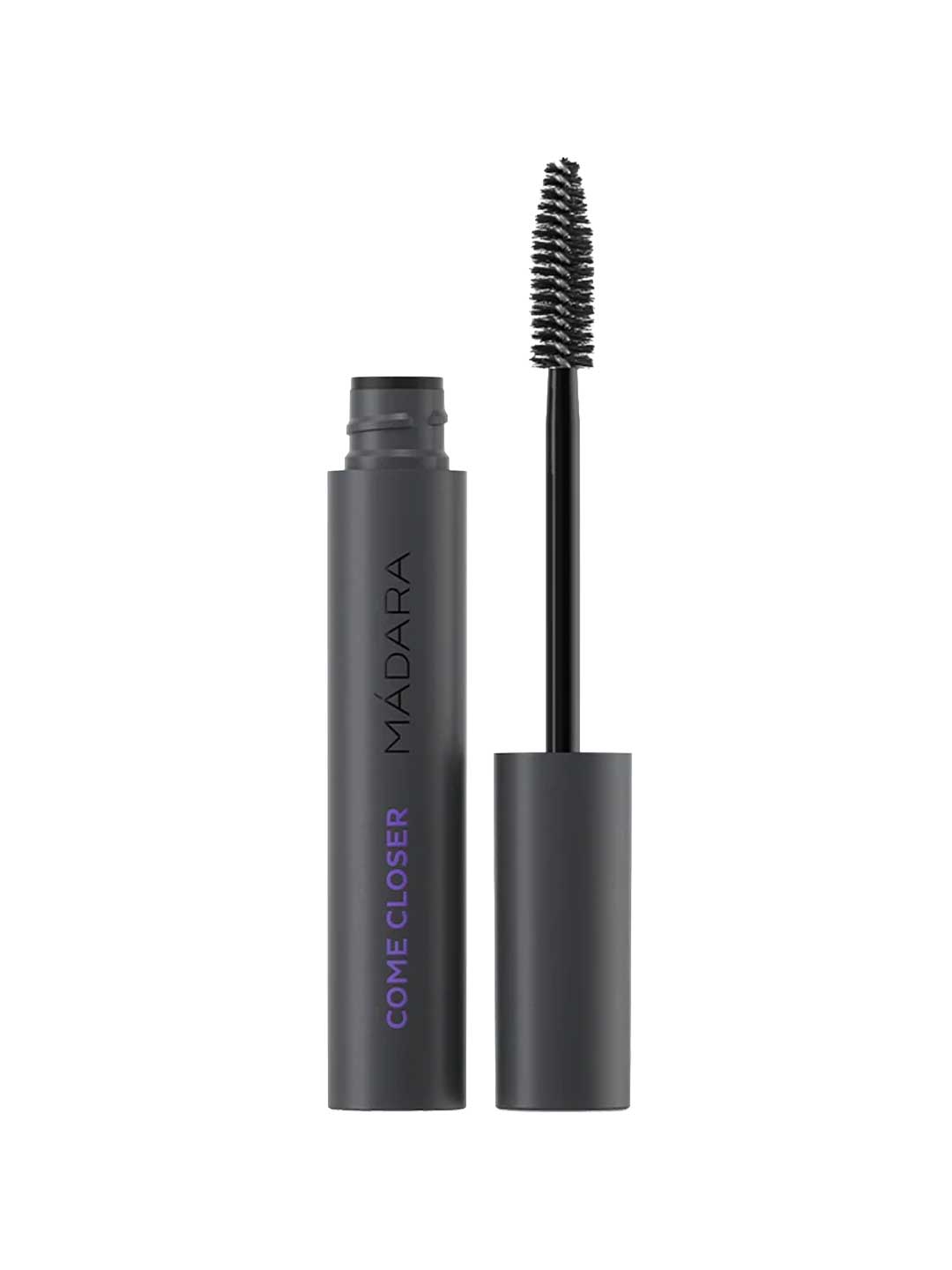 A 6ml tube of Madara Come Closer Infinite Lash Mascara in black is shown with the cap off and the lash-lengthening wand upright next to it, featuring purple "COME CLOSER" lettering.