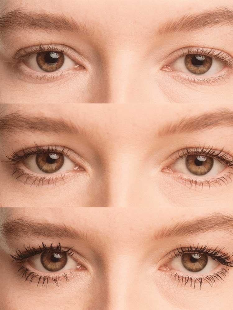 Three close-up images of brown eyes are shown vertically: the first with natural lashes, the second with light organic mascara, and the third featuring Madara Come Closer Infinite Lash Mascara - Black 6ml for dramatic, voluminous length.