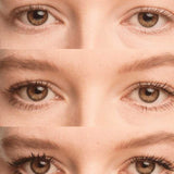 Three close-up images of brown eyes are shown vertically: the first with natural lashes, the second with light organic mascara, and the third featuring Madara Come Closer Infinite Lash Mascara - Black 6ml for dramatic, voluminous length.