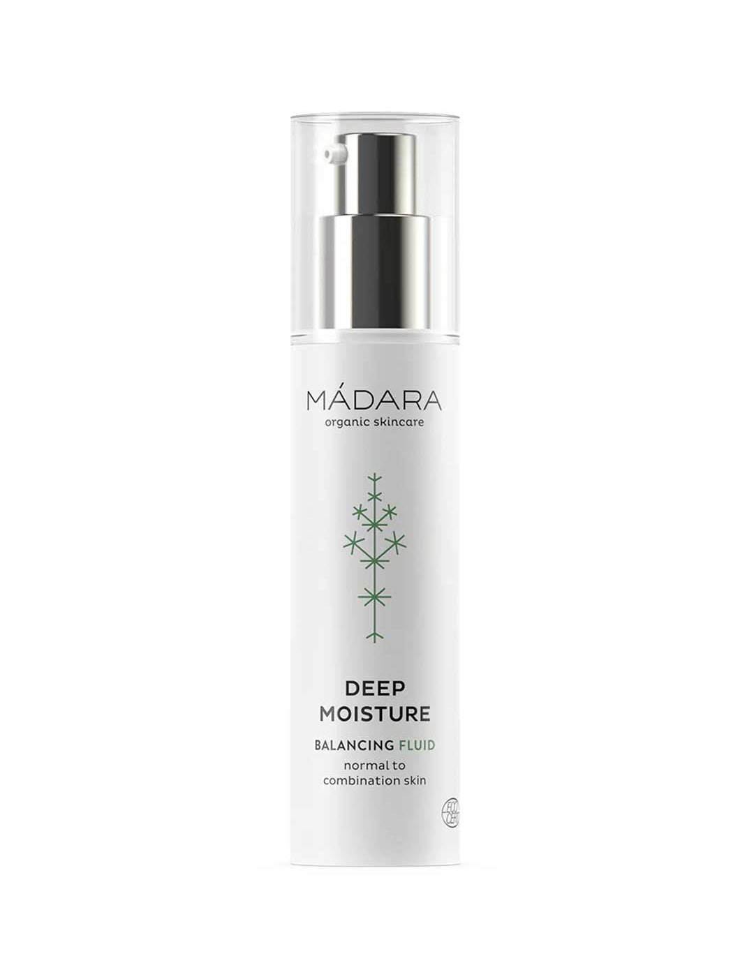 Madara Deep Moisture Balancing Fluid 50ml is a COSMOS Organic-certified moisturizer for normal to combination skin, delivering intense hydration in a sleek white bottle with a silver pump.