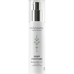Madara Deep Moisture Balancing Fluid 50ml is a COSMOS Organic-certified moisturizer for normal to combination skin, delivering intense hydration in a sleek white bottle with a silver pump.