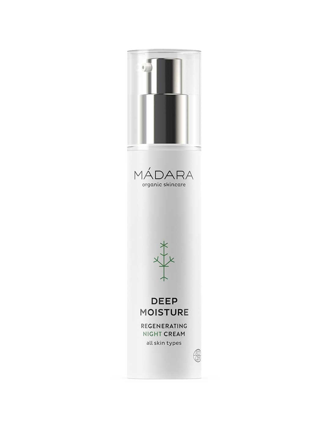 A white bottle of Madara Deep Moisture Night Cream 50ml features a pump dispenser, minimal design with a green plant graphic, and is enriched with hydrating hyaluronic acid for overnight skin renewal.