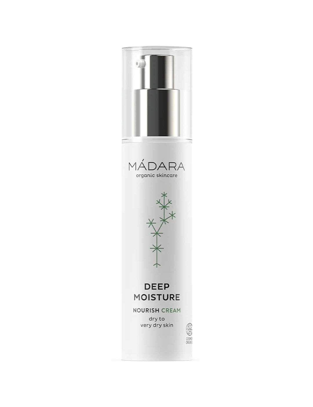The Madara Deep Moisture Nourish Cream 50ml comes in a white pump bottle with minimalist labeling and a green botanical design, delivering organic hydration with hyaluronic acid for deeply moisturized skin.