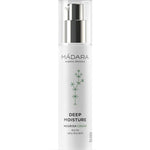 The Madara Deep Moisture Nourish Cream 50ml comes in a white pump bottle with minimalist labeling and a green botanical design, delivering organic hydration with hyaluronic acid for deeply moisturized skin.