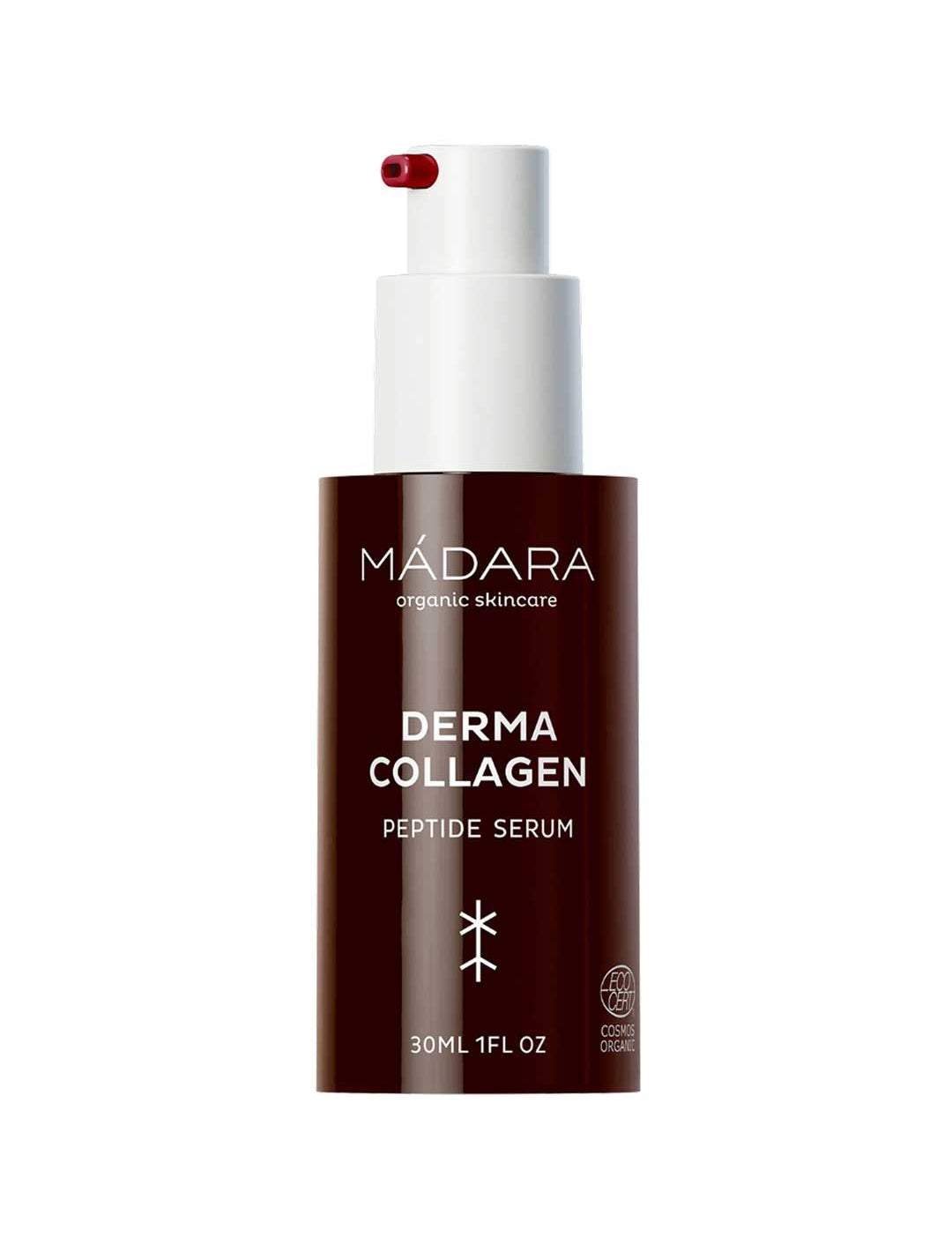 Madara Derma Collagen Peptide Serum 30ml is an anti-aging organic serum in a dark brown bottle with a pump dispenser and white text.