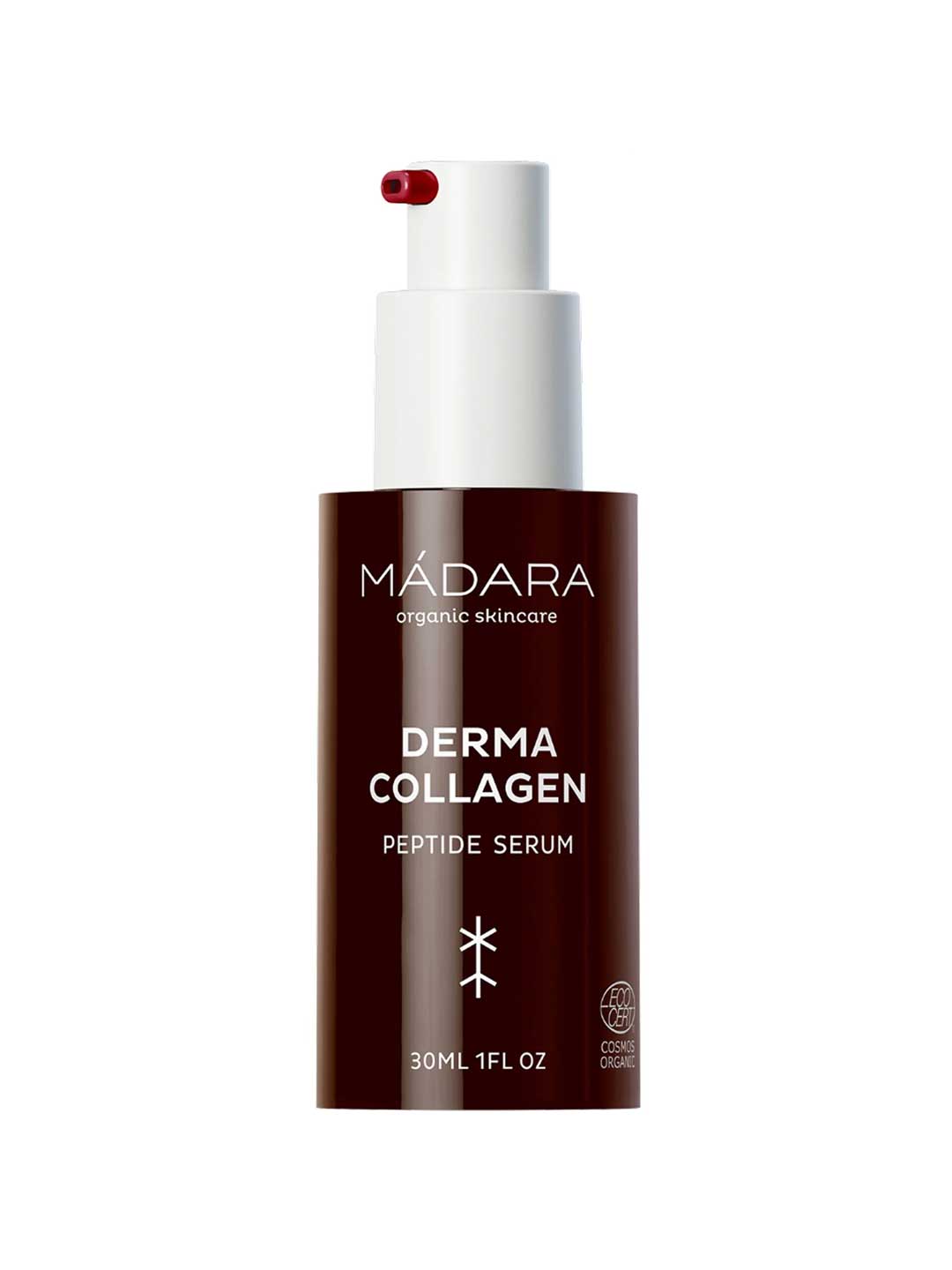 Madara Derma Collagen Peptide Serum 30ml is an anti-aging organic serum in a dark brown bottle with a pump dispenser and white text.