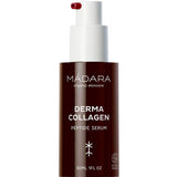 Madara Derma Collagen Peptide Serum 30ml is an anti-aging organic serum in a dark brown bottle with a pump dispenser and white text.