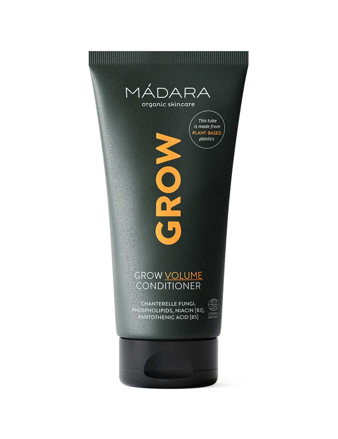 The Madara Grow Volume Conditioner 175ml is a black tube with yellow and white text, ideal for fine or thinning hair. Featuring chanterelle fungi, this silicone-free conditioner comes in plant-based packaging and stands upright on a white background.