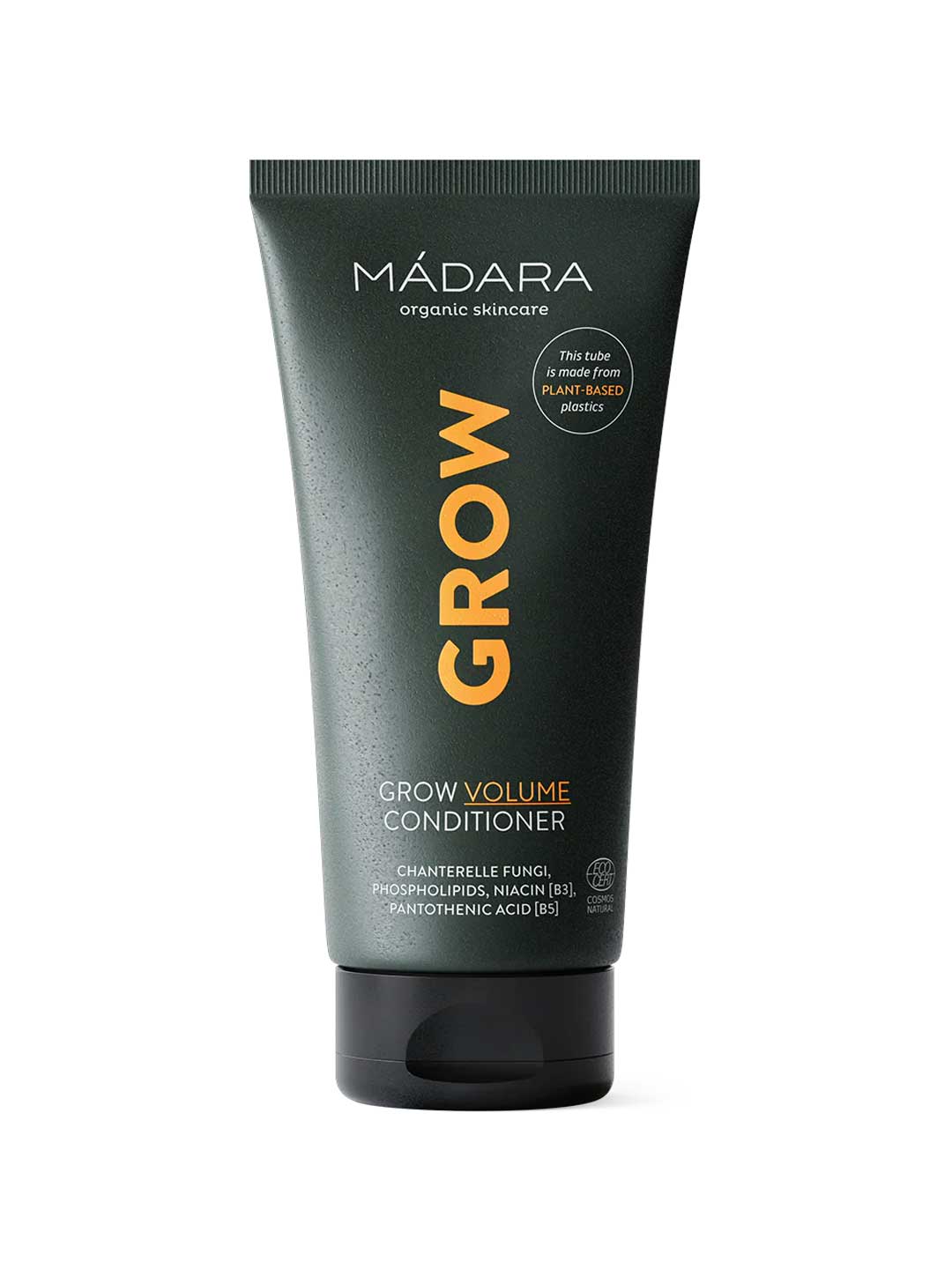 The Madara Grow Volume Conditioner 175ml is a black tube with yellow and white text, ideal for fine or thinning hair. Featuring chanterelle fungi, this silicone-free conditioner comes in plant-based packaging and stands upright on a white background.