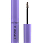 A purple tube of Madara Grow & Fix Tinted Brow Gel 4.25ml, with the cap off and a spoolie applicator brush visible.