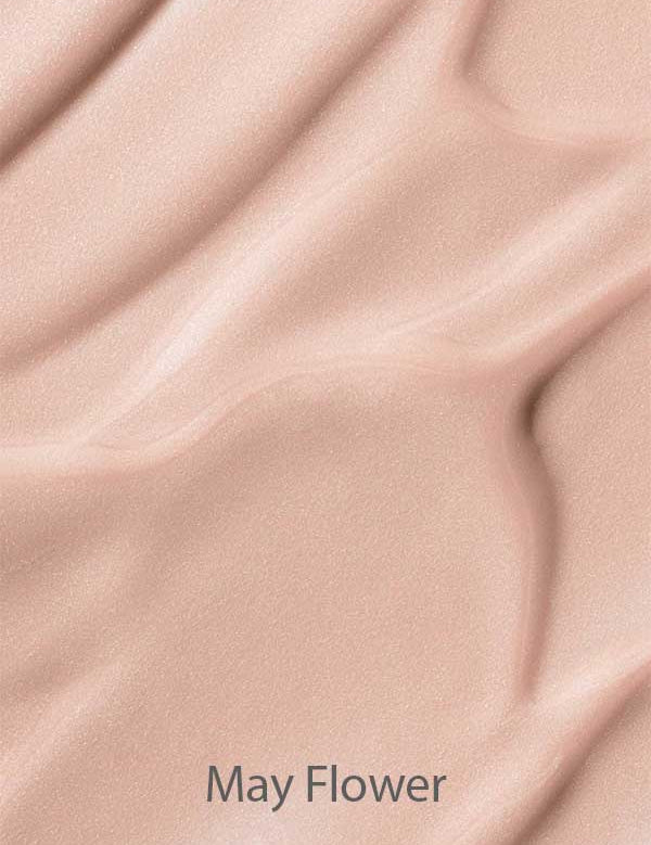 Soft, smooth beige fabric with gentle folds and shadows mirrors the finish of Madara H2O Tint Hyaluron Tinted Serum 30ml; “May Flower” appears at the bottom center.