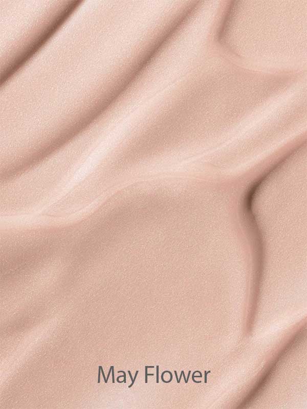 Soft, smooth beige fabric with gentle folds and shadows mirrors the finish of Madara H2O Tint Hyaluron Tinted Serum 30ml; “May Flower” appears at the bottom center.