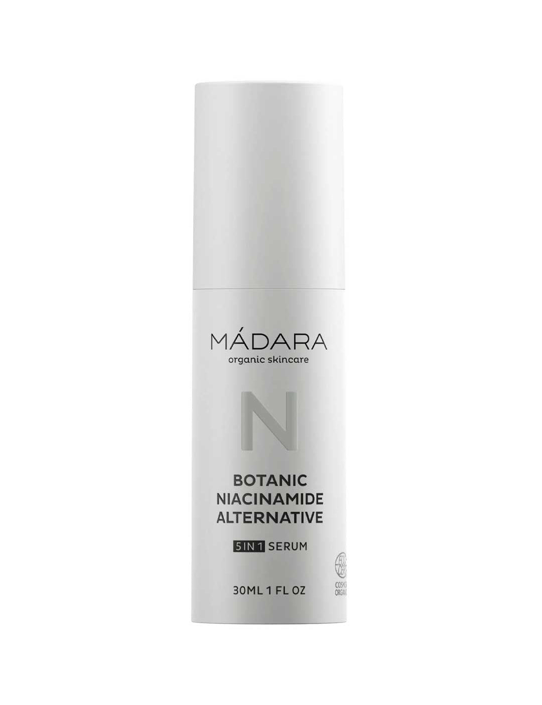 The Madara Niacinamide Alternative 5-in-1 Serum 30ml comes in a sleek white cylindrical bottle with minimalist black and gray text—ideal for breakout-prone skin seeking a gentle niacinamide alternative.
