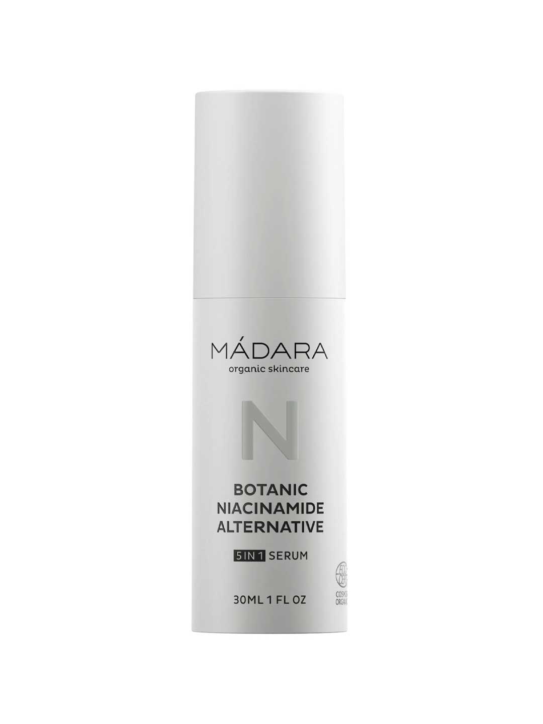 The Madara Niacinamide Alternative 5-in-1 Serum 30ml comes in a sleek white cylindrical bottle with minimalist black and gray text—ideal for breakout-prone skin seeking a gentle niacinamide alternative.
