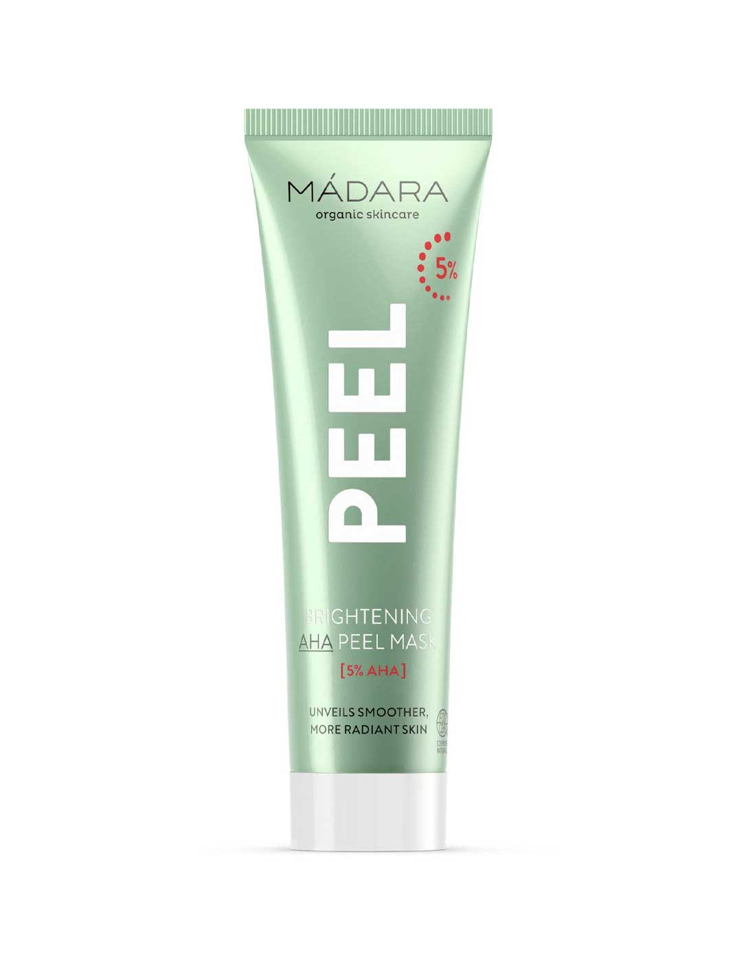 A green tube of Madara Peel Brightening AHA Peel Mask 60ml with 5% AHA, a brightening exfoliating treatment, stands upright on a white background. Its label highlights "PEEL" in bold white letters.
