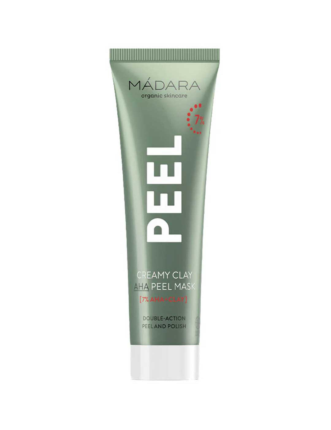 A green tube labeled Madara Peel Creamy Clay 7% AHA Clay Mask 60ml, an exfoliating and pore-refining peel mask, sits against a white background.