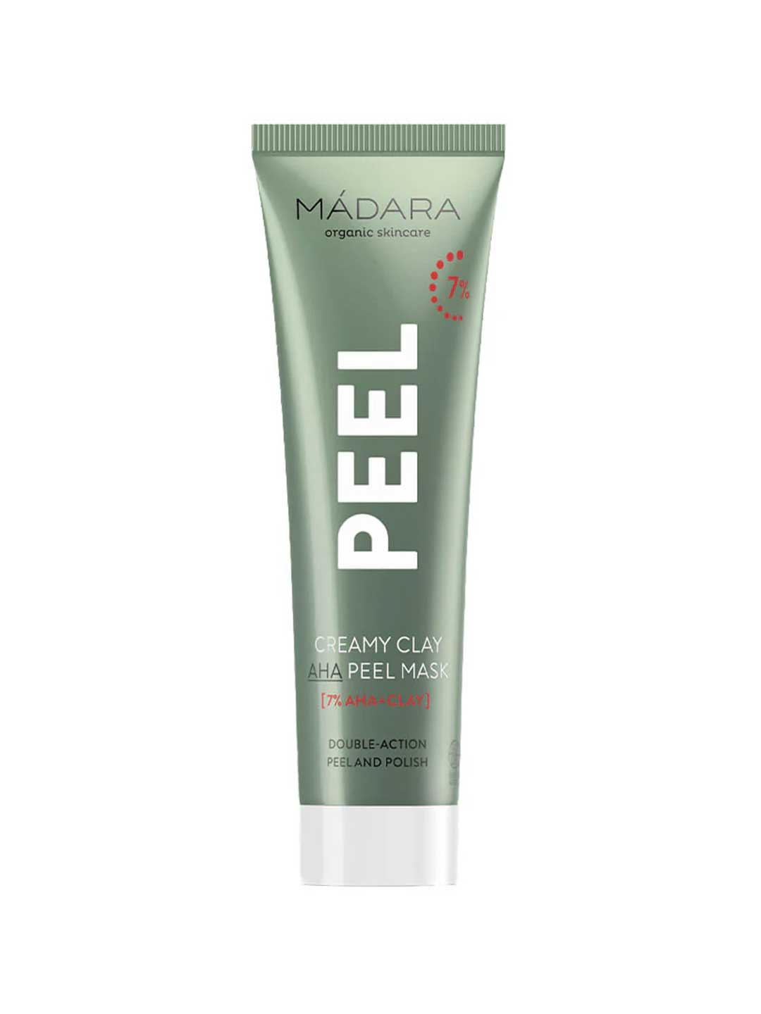 A green tube labeled Madara Peel Creamy Clay 7% AHA Clay Mask 60ml, an exfoliating and pore-refining peel mask, sits against a white background.