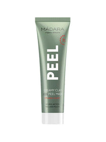 A green tube labeled Madara Peel Creamy Clay 7% AHA Clay Mask 60ml, an exfoliating and pore-refining peel mask, sits against a white background.