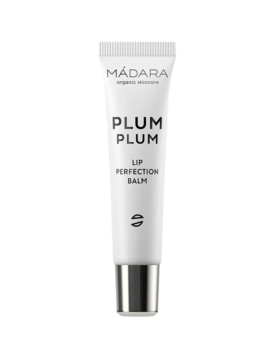 The Madara Plum Plum Lip Balm 15ml is shown in a white tube with black text and a silver cap, set against a plain white background.