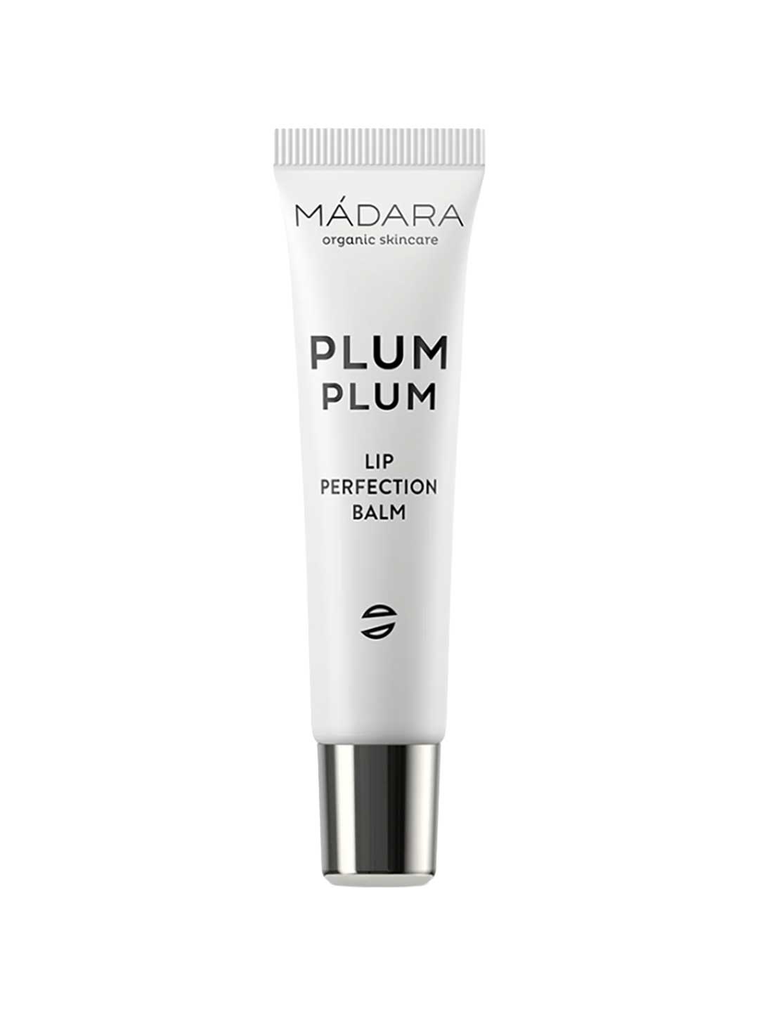 The Madara Plum Plum Lip Balm 15ml is shown in a white tube with black text and a silver cap, set against a plain white background.