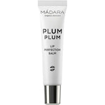 The Madara Plum Plum Lip Balm 15ml is shown in a white tube with black text and a silver cap, set against a plain white background.