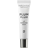 The Madara Plum Plum Lip Balm 15ml is shown in a white tube with black text and a silver cap, set against a plain white background.