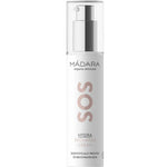 A white bottle of Madara SOS Hydra Recharge Cream 50ml, a hydrating face cream with a pump and clear cap. The label displays the brand name and states it is scientifically proven to rehydrate skin.