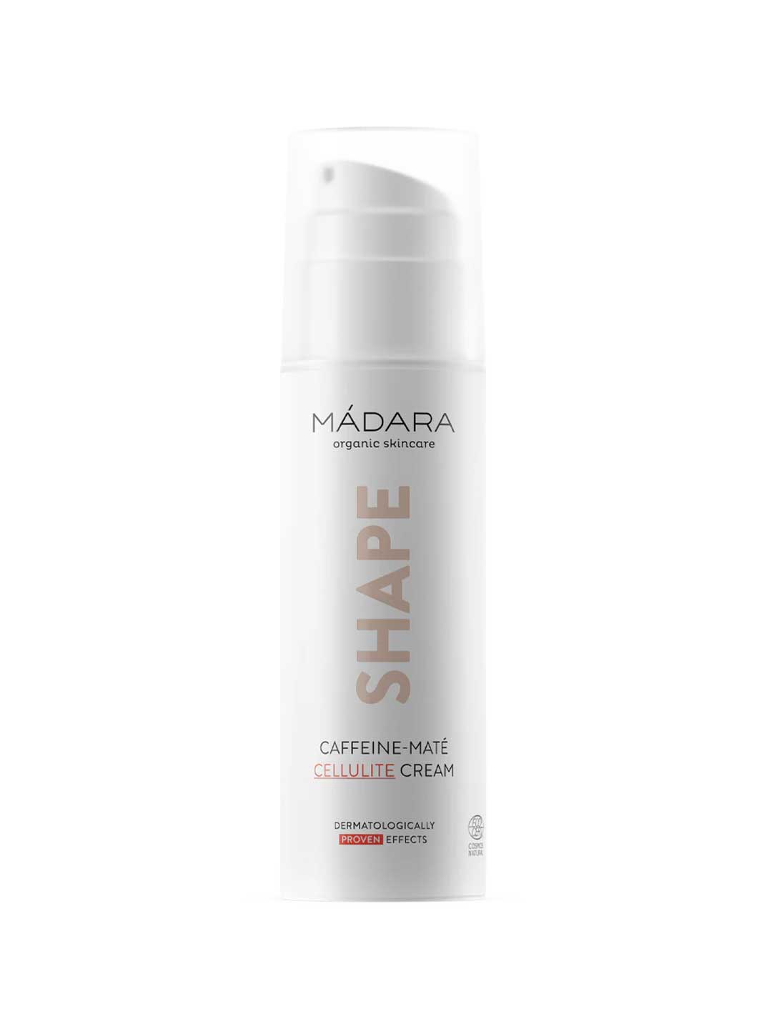Madara Shape Caffeine-Maté Cellulite Cream 250ml comes in a white pump bottle with minimalist branding—an organic body care essential designed to promote smoother-looking skin.
