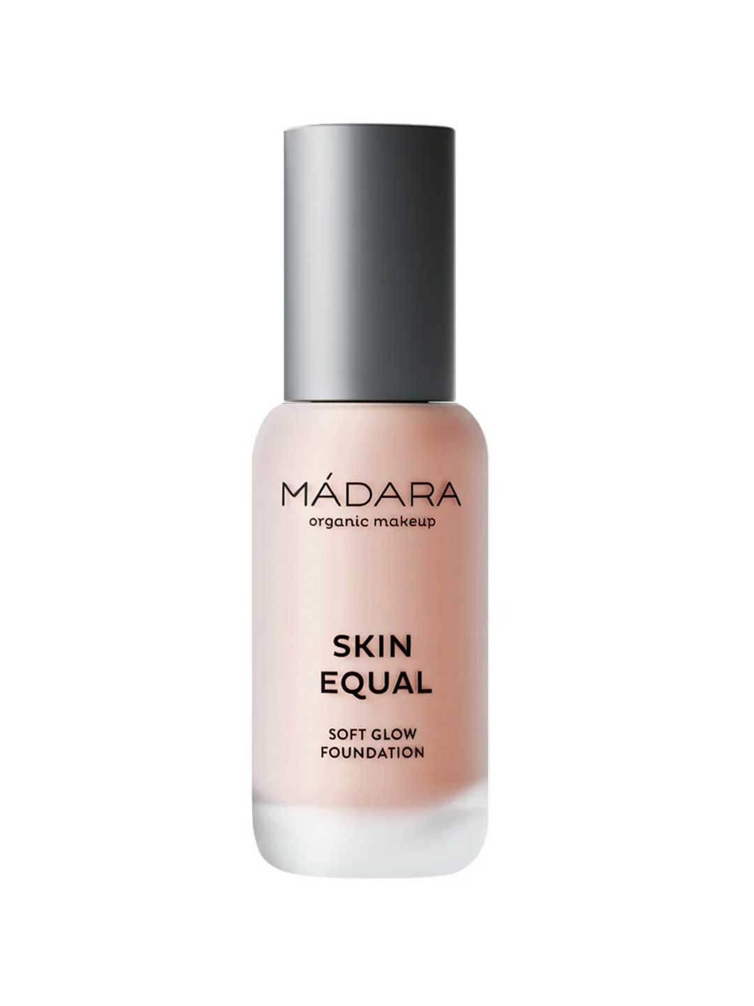 A frosted glass bottle of Madara Skin Equal Soft Glow Foundation SPF15 30ml with a matte silver cap and black text, featuring light pink-beige mineral foundation for a dewy finish.