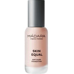 A frosted glass bottle of Madara Skin Equal Soft Glow Foundation SPF15 30ml with a matte silver cap and black text, featuring light pink-beige mineral foundation for a dewy finish.