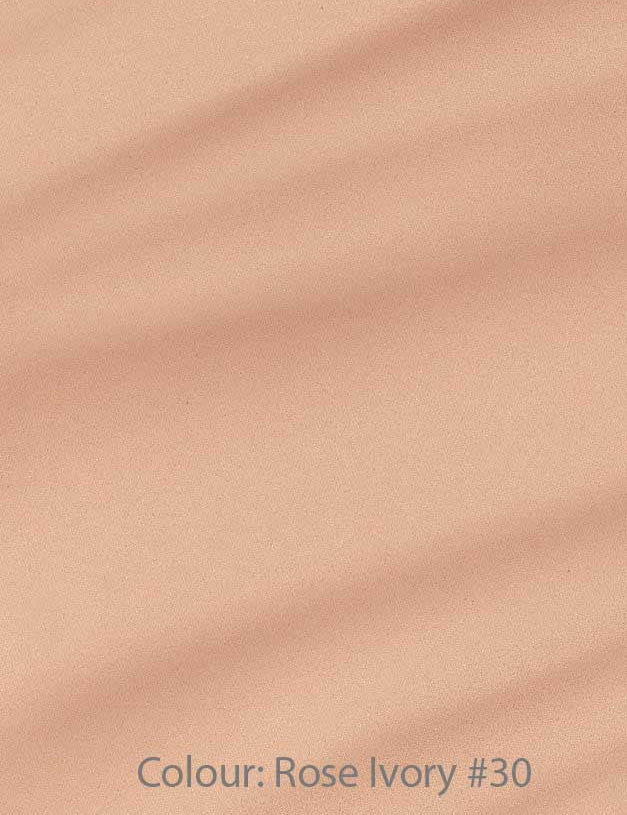 A smooth pink-beige background with gentle diagonal shadows. Bottom text: Colour: Rose Ivory #30—ideal for highlighting Madara Skin Equal Soft Glow Foundation SPF15 30ml’s dewy finish.