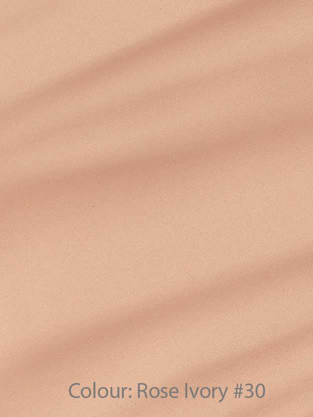 A smooth pink-beige background with gentle diagonal shadows. Bottom text: Colour: Rose Ivory #30—ideal for highlighting Madara Skin Equal Soft Glow Foundation SPF15 30ml’s dewy finish.