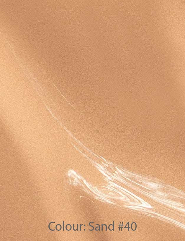 Madara Skin Equal Soft Glow Foundation SPF15 30ml features a smooth, glossy surface in soft Sand #40 with subtle light reflections, evoking a dewy finish. The text Colour: Sand #40 is displayed at the bottom.