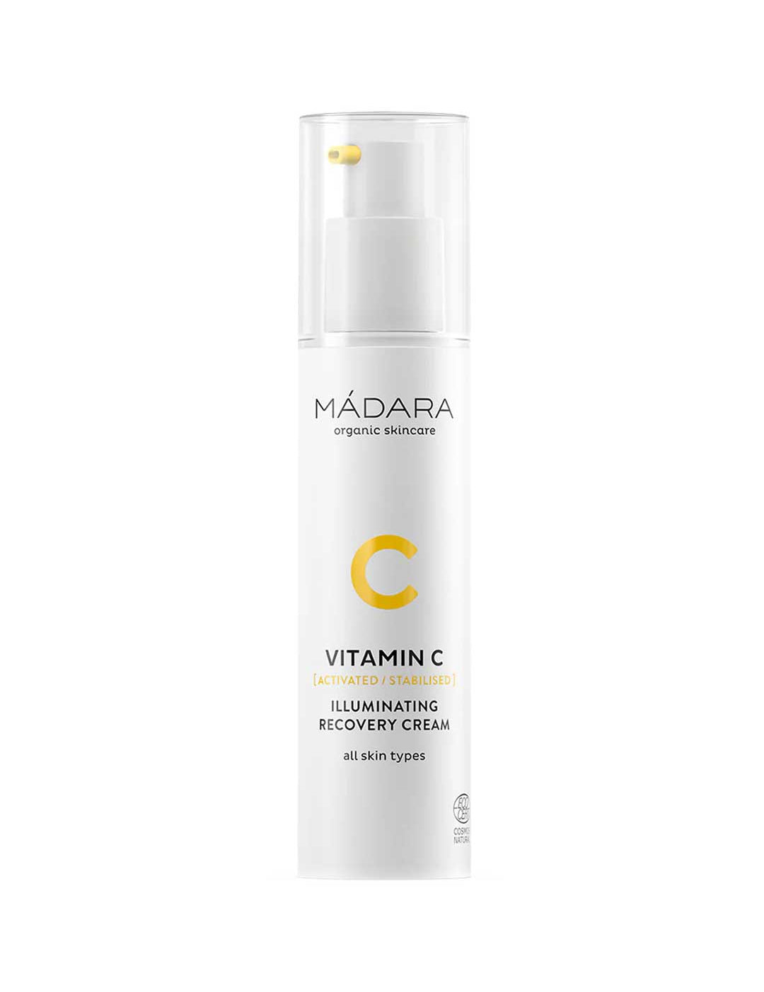 Madara Vitamin C Illuminating Recovery Cream 50ml comes in a white pump bottle with a minimalist design, suitable for all skin types. This brightening organic moisturizer promotes radiant, healthy-looking skin.